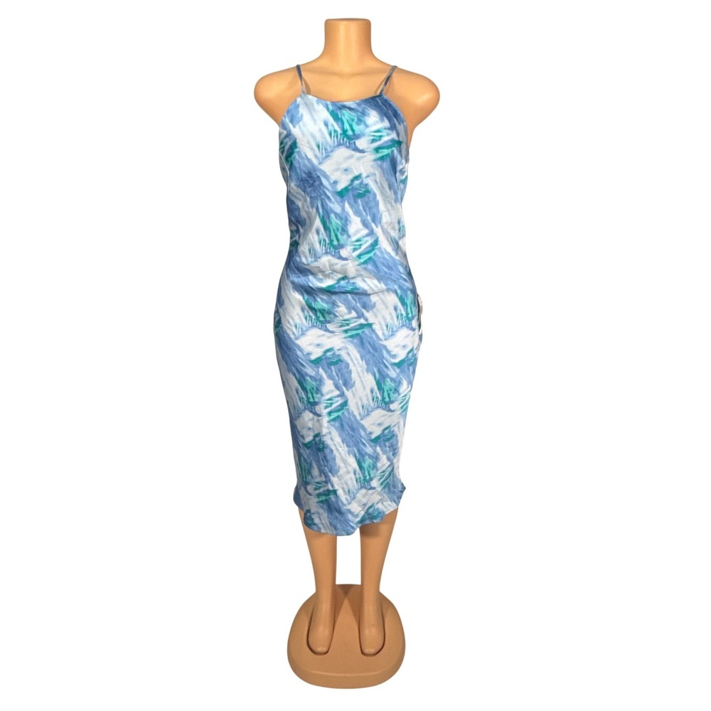 Pear Culture Slip Dress Womens Small Blue New Abstract Wave Print Midi Open Back
